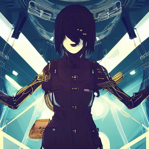 Image similar to Frequency indie album cover, luxury advertisement, golden filter, golden and black colors. A clean and detailed post-cyberpunk sci-fi close-up schoolgirl, she is very powerful, in asian city in style of cytus and deemo, mysterious vibes, by Tsutomu Nihei, by Ilya Kuvshinov, by Greg Tocchini, nier:automata, Yorda from Ico and Lain Iwakura, set in half-life 2, beautiful with eerie vibes, very inspirational, very stylish, with gradients, surrealistic, dystopia, postapocalyptic vibes, depth of field, mist, rich cinematic atmosphere, perfect digital art, mystical journey in strange world, beautiful dramatic dark moody tones and studio lighting, shadows, bastion game, arthouse