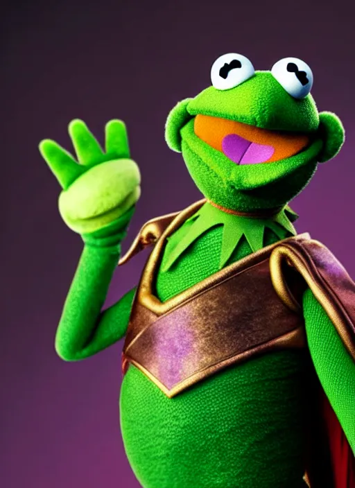 Image similar to studio portrait still of muppet!!!!! loki!!!!!! from avengers infinity war with scepter as a muppet muppet as a muppet, 8 k, studio lighting, key light,