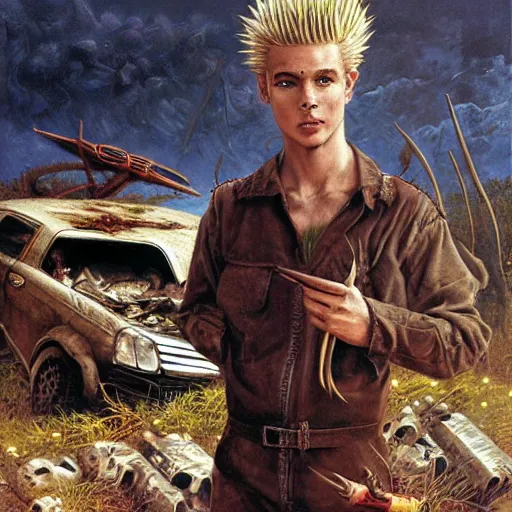 Image similar to an elf with spiky blonde hair wearing dark brown overalls and holding dynamite standing next to a destroyed car, painting by Gerald Brom