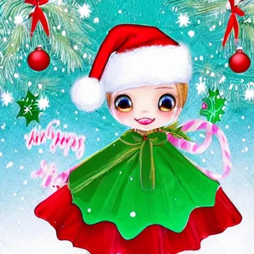 Prompt: https://i.pinimg.com/originals/53/d0/e2/53d0e2a8b3f354a42f8d964c736400b4.jpg as cute Christmas Pixie, in Kawaii style