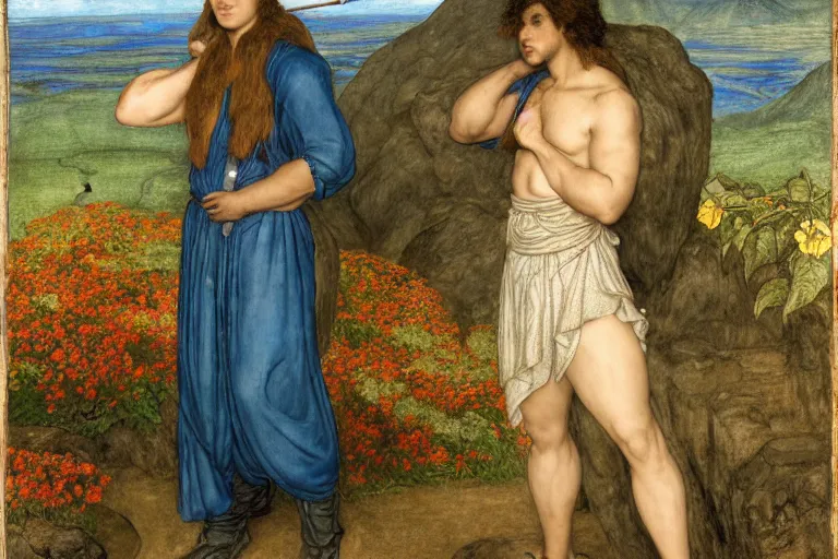 Prompt: a half - dragon warrior, standing in a volcano landscape, natural lighting, a small circle of flowers around him, very detailed, 8 k, by dante gabriel rossetti, artgerm