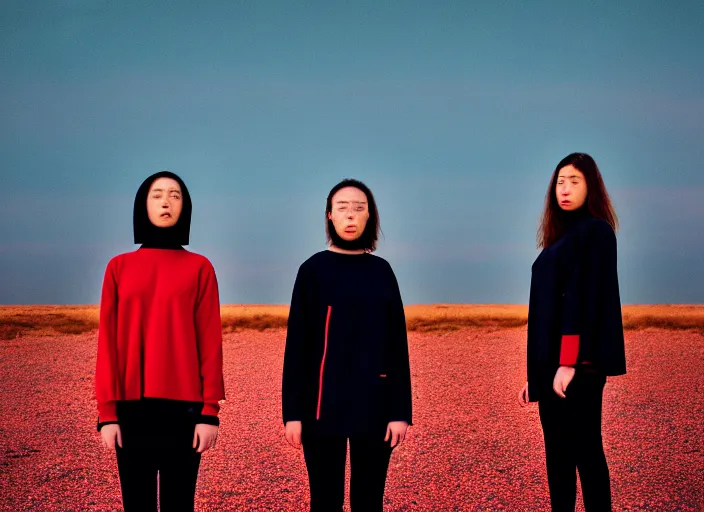 Image similar to cinestill 5 0 d closeup photographic portrait of 2 clones in front of a brutalist metal building, 2 techwear women, on a desolate plain, red sky, black oversized clothes, depth of field, 4 k, 8 k, hd, full color