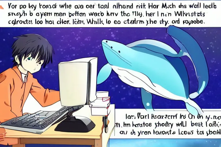 Prompt: anime whale using a computer, anime whale, anime screencap