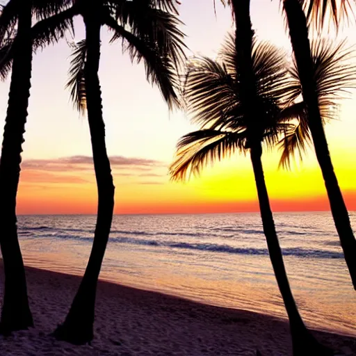 Prompt: beautiful beach with palm trees and a sunset