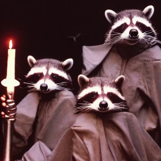 Image similar to 1 9 8 0's award winning sci - fi movie, a group of raccoons wearing dark cult robes look towards the camera in surprise and anger as they perform a dark occult evil ceremony inside the secret lair of an underground mystery cult, dramatic candlelight, pentagrams, ultra - detailed, photorealistic, 4 k