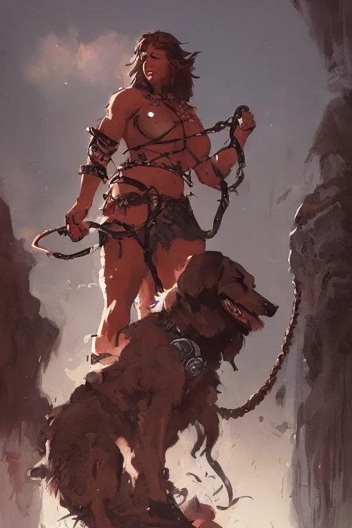 Image similar to comic book cover. barbarian with a dog leash by greg rutkowski, trending on artstation