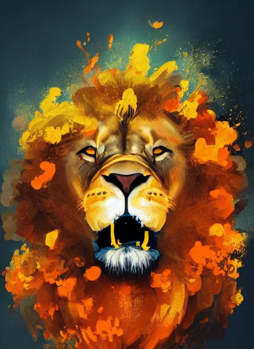 Prompt: a painting of a lion's face with orange and yellow smoke coming out of, a digital painting by petros afshar, behance contest winner, digital art, behance hd, digital illustration, digital painting