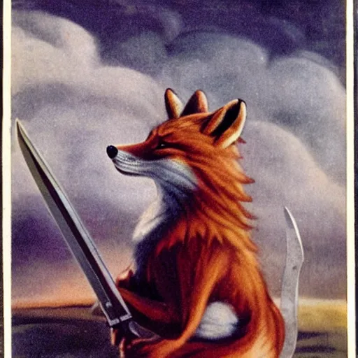 Image similar to anthropomorphic fox who is a medieval knight holding a sword towards a stormy thundercloud, 1 9 3 0 s film still