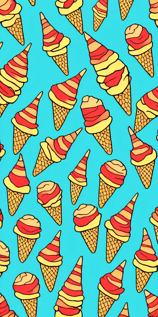 Prompt: seamless pattern of ice cream cones, colourful, symmetrical, repeating