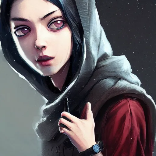 Image similar to a pale skinny white young girl with black hair, the hime cut, 1 8, in a black hoodie, and a cat, apex legends character, digital illustration portrait design, by android jones and greg rutkowski, retrowave color scheme, detailed, cinematic lighting, wide angle action dynamic portrait