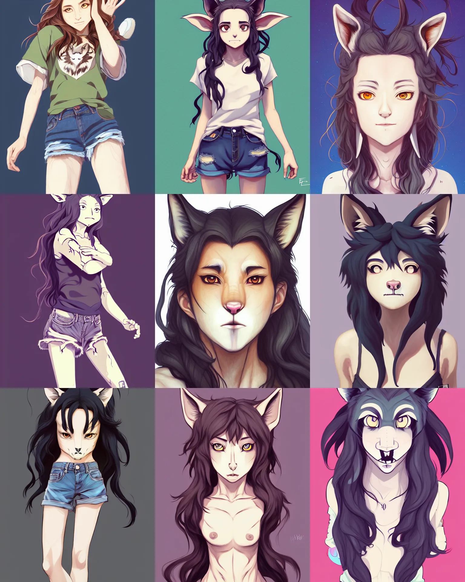 Prompt: fullbody portrait of wild half - wolf woman with wolf nose and ears, wearing summer jeans shorts and tshirt, anime art, concept art, detailed attractive face with wolf nose and wolf mouth, symmetrical, trending on pixiv, by lois van baarle by sung choi by john kirby artgerm style pascal blanche and magali villeneuve and hayao miyazaki