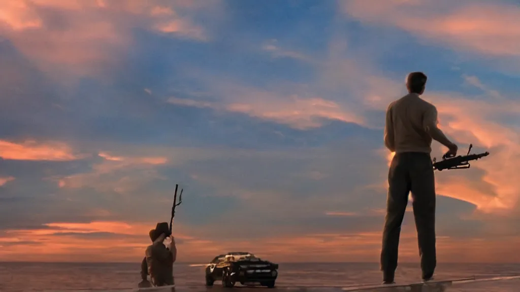 Image similar to a movie still of a man holding a rocket launcher, standing on the roof of a car driving through the ocean at sunset, golden hour, watching a mushroom cloud on the horizon