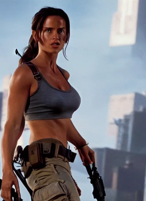 Prompt: film still of Lara Croft as John McClane in Die Hard, thicc, large chest, crop top, white thong, 4k