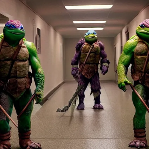 Prompt: movie still of ninja turtles in The Shining