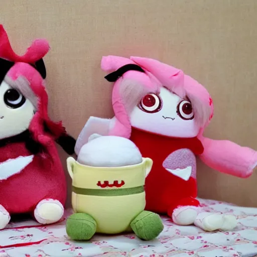 Prompt: adorable plushies from hell are having a tea party