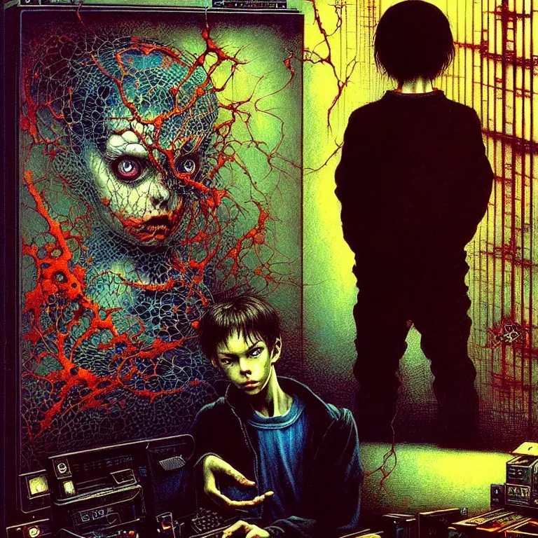 Image similar to a figure of a boy in front of a pc computer monitor in an old soviet apartment by ayami kojima, amano, karol bak, neo - gothic, gothic, rich deep colors. beksinski painting, from a movie by david cronenberg. art by takato yamamoto. masterpiece. realistic detailed image