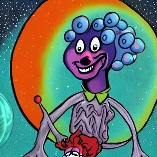 Prompt: an alien clown in space