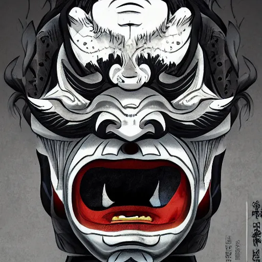 Image similar to man with a hannya mask, thunder spell, storm, landscape, artstation