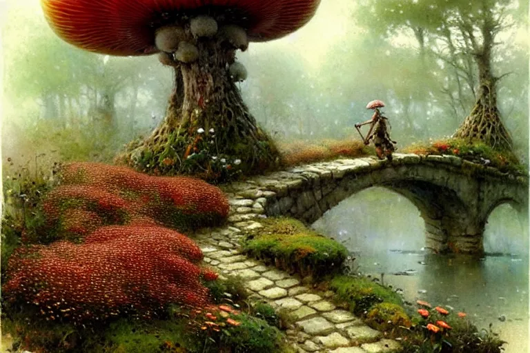 Prompt: nofigure! adventurer ( ( ( ( ( 1 9 5 0 s retro future forrest of giant mushrooms, moss and flowers stone bridge. muted colors. ) ) ) ) ) by jean baptiste monge!!!!!!!!!!!!!!!!!!!!!!!!! chrome red