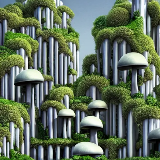 Prompt: mushroom city, modern architecture by ricardo bofill, city of the jungle, by victor enrich, concept art