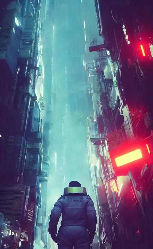 Image similar to professional photo of astronaut looking in the camera from low angle shot, cyberpunk background, blade runner, hyperrealistic masterpiece, trending on artstation, cgsociety, kodakchrome, golden ratio, cinematic, composition, beautiful lighting, hyper detailed, sharp focus, octane render, 4 k, unreal engine