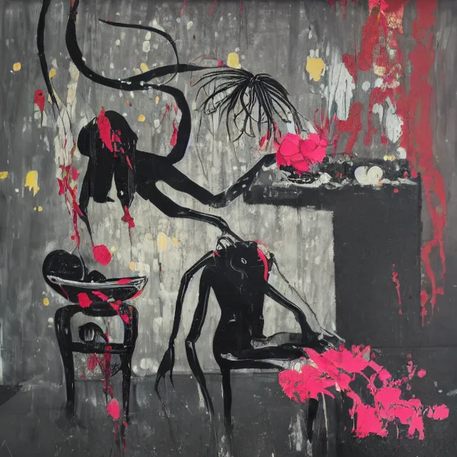 Image similar to empty room with black walls, sensual portrait of a woman, broken vase, spilled flowers, puddle of water, octopus, squashed berries, neo - expressionism, surrealism, acrylic and spray paint and oilstick on canvas