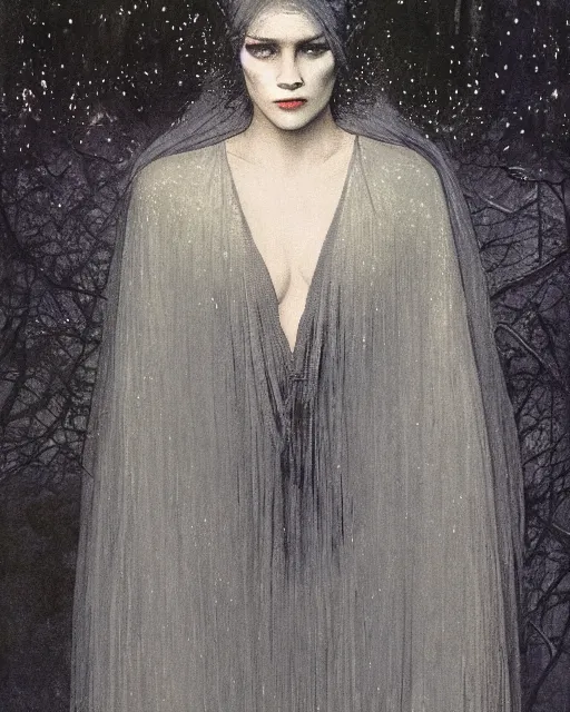 Prompt: award - winning photo of a mysterious cautious woman with melancholy, wearing a shimmering cloak, mysterious, dark, darkness, intricate, concept art, glowy, sweet night ambient, fog, by erwin olaf, by carlos schwabe, by j. m. w. turner, by anders zorn