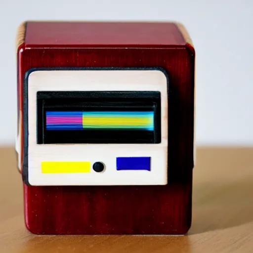 Prompt: polaroid of a cute toy computer made from wood and thread