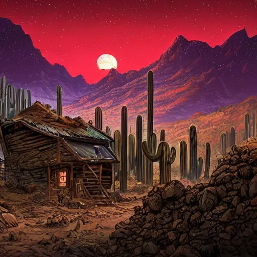 Image similar to mysterious desert at night, watefall and mountains on background, little abandoned village on foreground, by dan mumford and sandra chevrier, 4 k