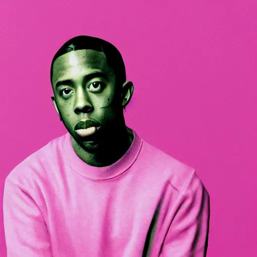 Image similar to greyscale magazine cutout of Tyler the Creator pasted on a pink background