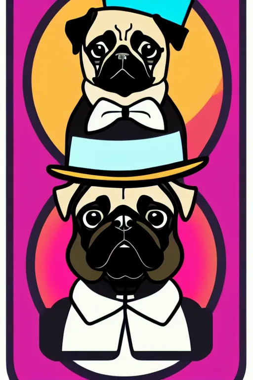 Image similar to A portrait of a pug wearing a top hat, sticker, colorful, illustration, highly detailed, smooth and clean vector curves, no jagged lines, vector art, smooth