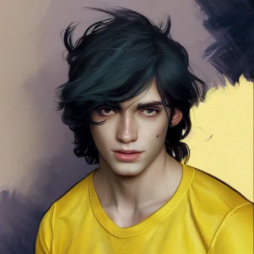 Image similar to ultra realistic illustration, a young man with black hair, in a yellow t - shirt, with blue eyes, highly detailed, digital painting, artstation, concept art, smooth, sharp focus, illustration, art by artgerm and greg rutkowski and alphonse mucha