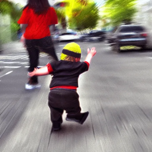 Image similar to digital art, possessed toddler attacking people on the sidewalk, award winning, high quality