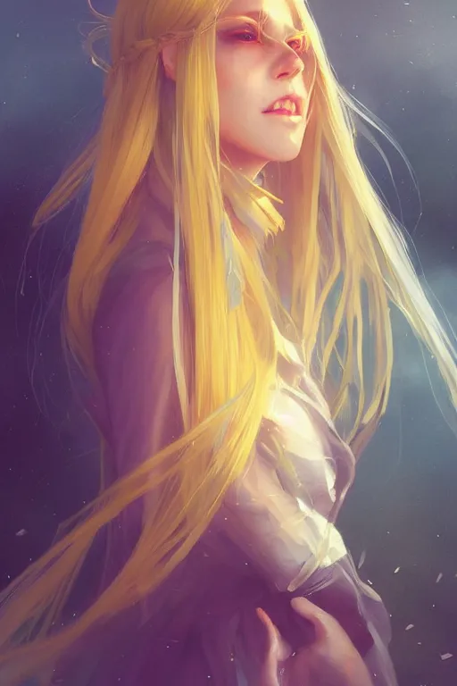 Prompt: girl wizard with long yellow hair wearing a dress, character art, by artgerm, by jeremy lipking, by wlop anime style, digital art, fantasy art, octane render, drawing, beautiful girl, highly detailed face