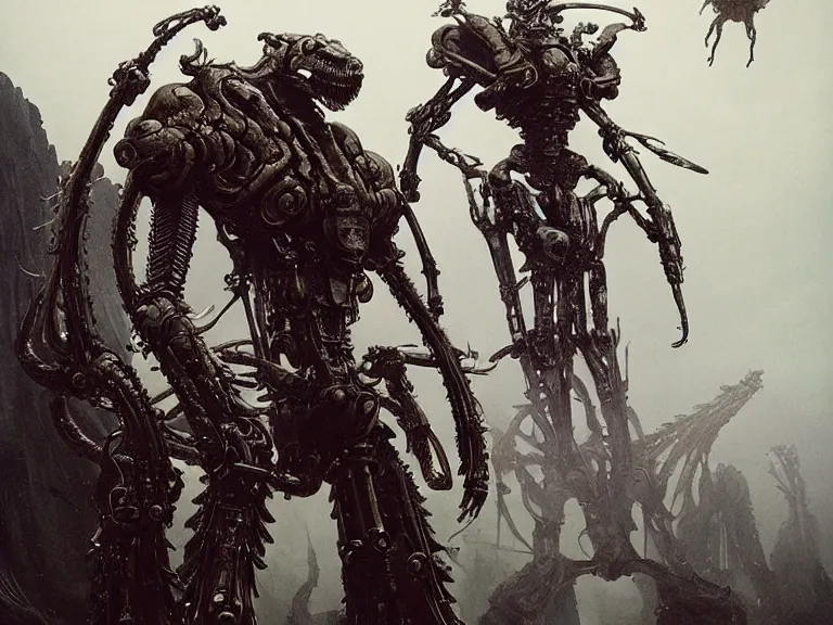 Image similar to still frame from Prometheus by Jakub Rozalski and utagawa kuniyoshi, infinite Hell Scape with gigantic mecha demon and ornate bone cyborgs by Wayne Barlowe by peter Mohrbacher by Giger, dressed by Alexander McQueen and by Neri Oxman, metal couture hate couture editorial