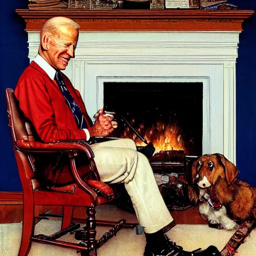 Image similar to a portrait painting by Norman Rockwell of Joe Biden sitting in a chair. Cozy fire. two Legs apart