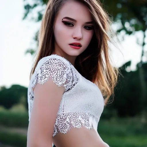 Image similar to young female model photography lace mini skirt beautiful face and body, dramatic light 8 0 mm camera