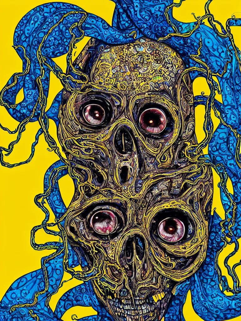 Image similar to a self portrait by the artist kelbv, in distinct hyper detailed style with tubes coming from eyes, and hollowed skull filled with blue and yellow paisley ellipsoids, perfect studio lighting against a backdrop of a still from the movie squid asthma.