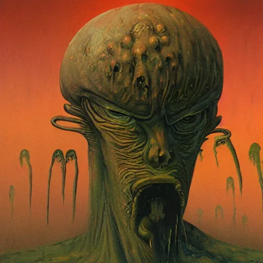 Image similar to Painting in a style of Beksinski featuring a giant alien crying. Pain and suffering in the background