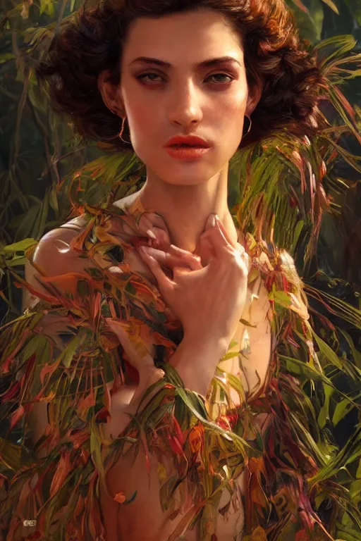 Prompt: stunningly beautiful, spanish dancer in jungle, symmetrical face, golden hour, smooth, focus, highly detailed, hyper realistic, dramatic lighting, elegant, intricate, concept art, art by wlop, mars ravelo, greg rutowski, artstation