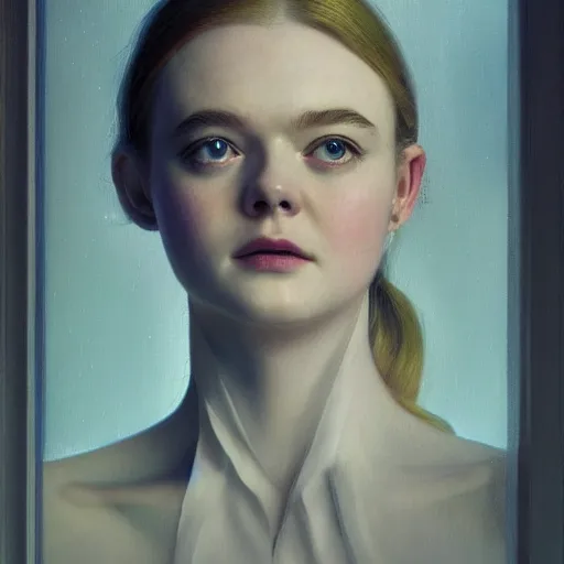 Prompt: Elle Fanning’s face against the window in the world of Adam Wyeth, head and shoulders portrait, stormy weather, extremely detailed masterpiece, oil on canvas, low-key neon lighting, artstation, Blade Runner 2049, Roger Deakin’s cinematography, by J. C. Leyendecker and Peter Paul Rubens and Edward Hopper and Michael Sowa,