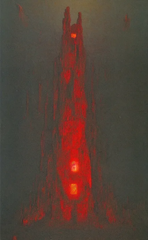 Image similar to close shot of a hellish monolith bursting out of a cathedral by Zdzisław Beksiński