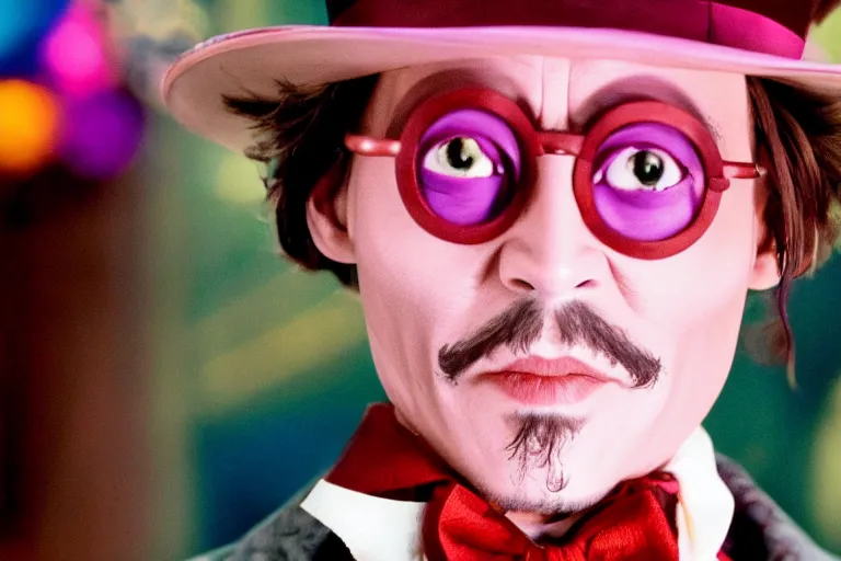 Prompt: johnny depp as a character in willy wonka's chocolate factory movie directed by tim burton, all faces are distorted contorted, shock, repulsion, disgust, annoyance, cinematic still, movie still, long lens, shallow depth of field, bokeh, anamorphic lens flare, 8 k