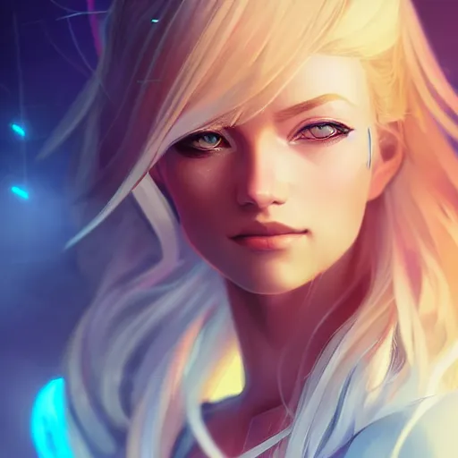 Prompt: beautiful blonde swedish woman, blue eyes, futuristic, somber, iridescent sci-fi kimono, by Makoto Shinkai and Wojtek Fus, by studio trigger, rossdraws, ambient occlusion, clean lineart and color, vibrant