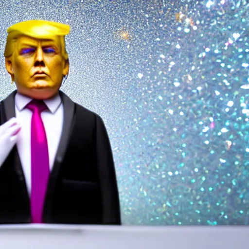 Image similar to Donald Trump with silver-violet hair, white eyes and golden glittery dress, wide lens, diorama, 4k,