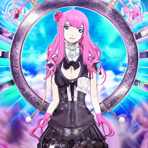 Image similar to trapped by junko enoshima, a stunningly beautiful omnipotent megalomaniacal anime asi goddess with symmetrical perfect face and porcelain skin, pink twintail hair and cyan eyes, taking control while smiling, inside her surreal vr castle, hyperdetailed, digital art from danganronpa, unreal engine 5, 2 d anime style, 8 k