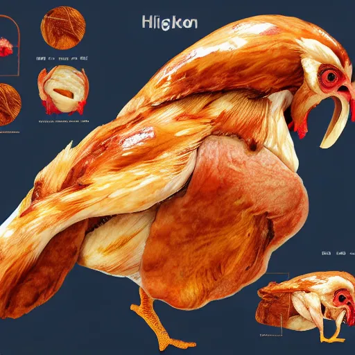 Image similar to chicken, anatomy half cut, infographic, higly detailed, 8 k, photorealistic, art concept, artstation, sharp focus