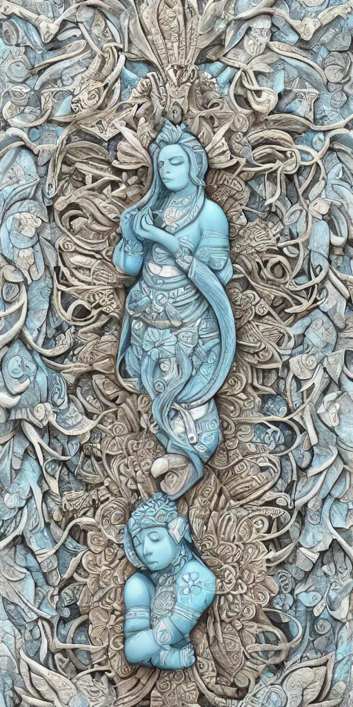 Image similar to intricate colourfully painted carved Soapstone relief paneling, white and pale blue , celestial, piggy, pig goddess, mother earth, Earth Goddess mythology, Gaia, angels, divinity, Ghostly, crystaline celtic, insanly detailed , artstation, wallpaper, hyper realistic, realistic lighting