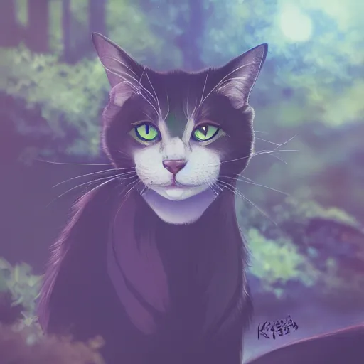 Prompt: portrait of a cat in a forest, by kawacy, trending on artstation, sunlight, trending on pixiv, bokeh, furry art, anime, dramatic lighting