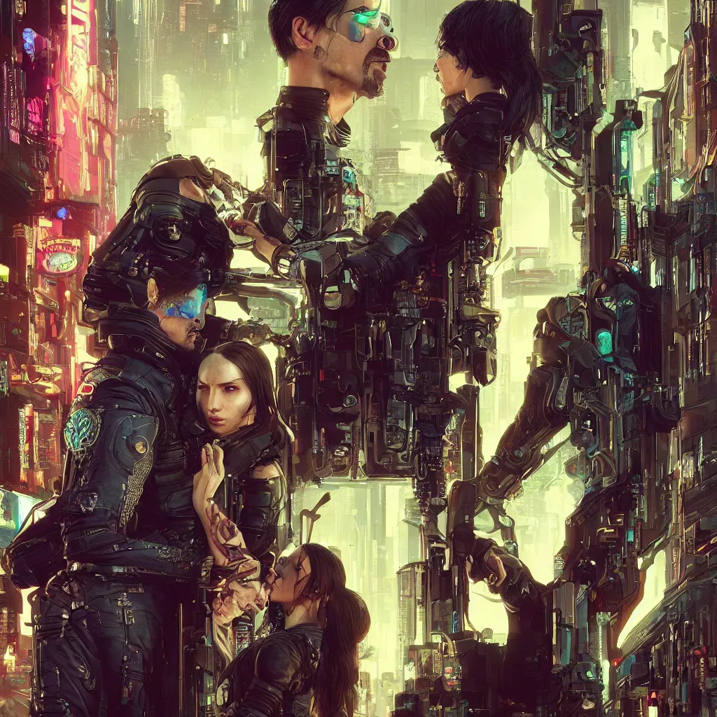 Image similar to a cyberpunk 2077 srcreenshot couple portrait of Keanu Reeves and female android final kiss,love,film lighting,by Laurie Greasley,Lawrence Alma-Tadema,Andrei Riabovitchev,Dan Mumford,John Wick,Speed,Replicas,artstation,deviantart,FAN ART,full of color,Digital painting,face enhance,highly detailed,8K,octane,golden ratio,cinematic lighting